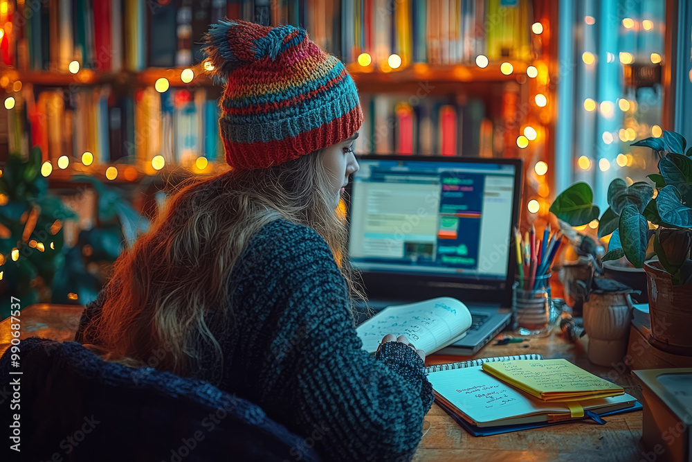 Poster a student attending an online lecture with a notebook and highlighters on their desk. concept of rem
