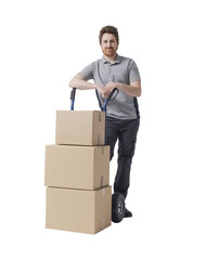 Warehouse worker pushing a hand truck