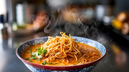 A bowl of steaming noodles in a creamy, red sauce, topped with fresh cilantro.