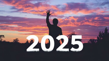 A person standing in the background of the setting sun with the date 2025.