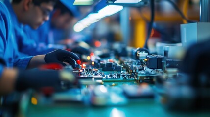 Obraz premium Close-up view of hardware components being assembled using a soldering iron. Small, intricate components are carefully connected, highlighting the precision and skill required in electronics assembly.