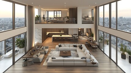 Fototapeta premium A luxurious penthouse apartment with floor-to-ceiling windows overlooking the city, featuring contemporary decor, a plush seating area with modern furniture, marble countertops, wooden floors,