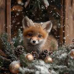 Obraz premium Adorable Baby Fox Playing in Pine Needles