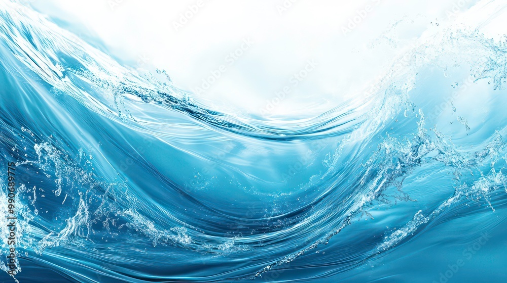 Poster abstract water waves with white splashes in motion against a white background.