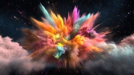 Colorful powder bursts forth in a dazzling display, illuminating the darkness of space with its vibrant hues and dynamic movement