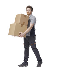 Delivery man carrying cardboard boxes