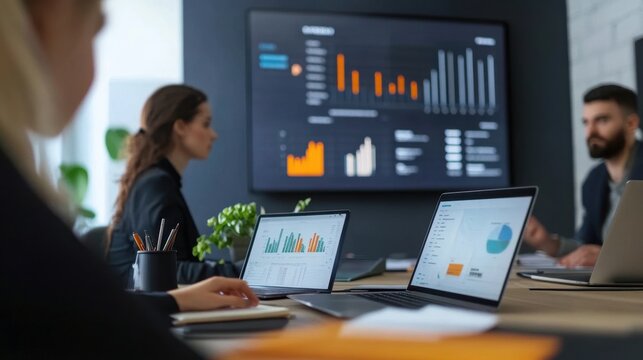 Photo of 3 businessmen discussing finances in a meeting room with a screen showing data processing. Serious and focused atmosphere
