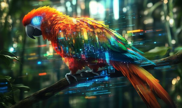 A parrot with a glowing city inside its feathers.