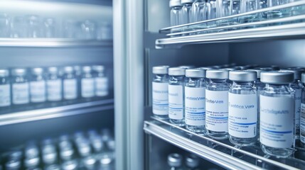 Pharmaceutical Vials Neatly Arranged in Chilled Laboratory Freezer
