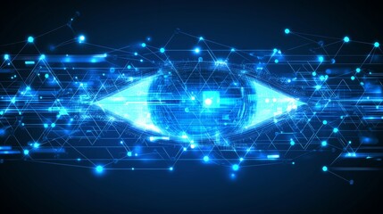 Obraz premium Digital Vision Abstract Blue Eye With Connected Dots, Triangles, and Lines on Technology Background