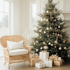 Modern Christmas Living Room with Wicker Chair and Decorated Tree Mockup