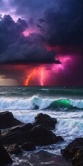 Fototapeta premium Dark stormy sea with dramatic sky and lightnings