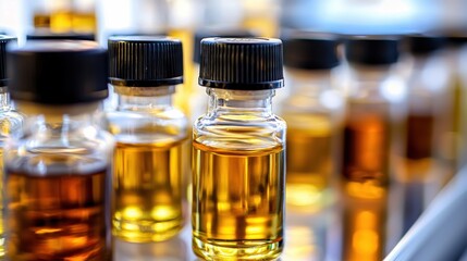 Amber Glass Bottles and Laboratory Glassware with Liquids