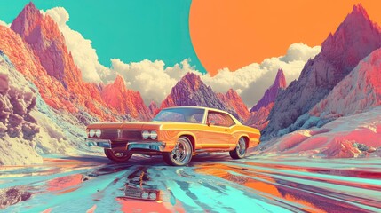 Vintage yellow car driving through a psychedelic landscape with mountains in the background.