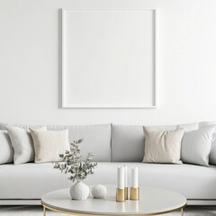 Modern Living Room with Gray Couch, Gold Accents, and Blank Frame