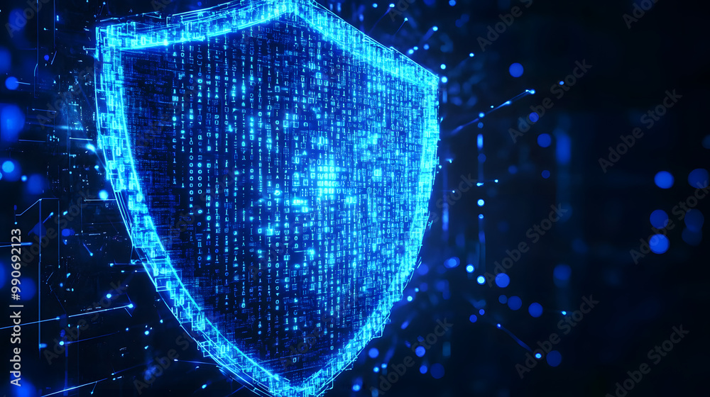 Poster digital blue guard shield icon with glowing binary code, ai in security defense systems