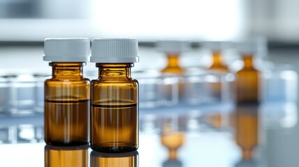 Closeup View of Amber Glass Vials and Beakers in a Laboratory Setting