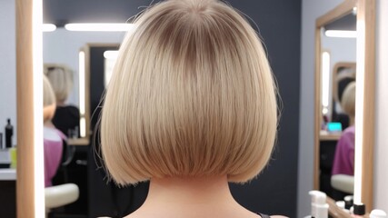 Rear view of woman with freshly cut blonde bob hairstyle in a hair salon.