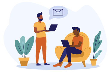 Two people with laptops in a home office setting, one standing and the other sitting. Minimalist design with plants in the background. Concept of remote work and online collaboration. Vector