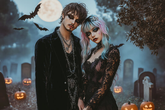 Gothic emo couple dressed for Halloween