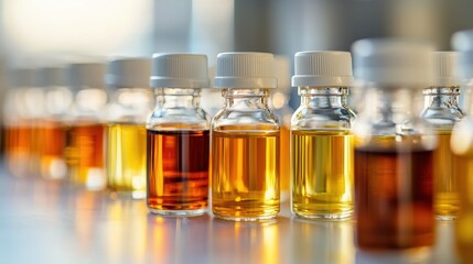 Rows of amber colored glass bottles filled with various liquids in a laboratory setting