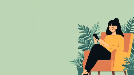 A woman relaxes on a cozy chair, engaging with her smartphone amidst lush indoor plants in a serene setting.