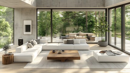A minimalist living room with sleek modern furniture, featuring a white sofa, wooden coffee table, and geometric accents, open-concept design with large floor-to-ceiling windows,