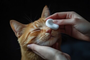 Plakat Hands using a cotton pad to clean a cat's closed eyes