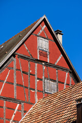 Old half-timbered house in the historic medieval old town of Eguisheim in Alsace and on Alsace Wine Route, Haut-Rhin, Grand Est, France, Europe