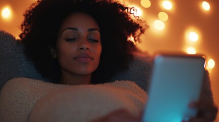 A woman comfortably settles into a soft blanket, using her digital tablet while surrounded by soft, warm lights in the evening