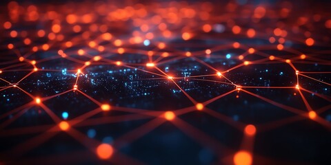 Abstract digital network with glowing red and blue lights connected with lines.