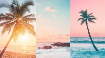Obraz premium The collage highlights vibrant sunsets and relaxing palm trees along a tranquil tropical beach, evoking a sense of calm and beauty