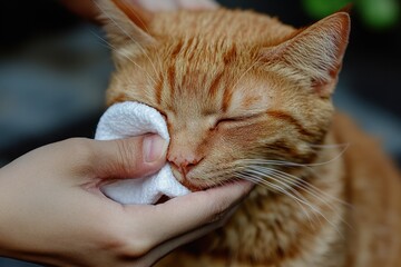 Fototapeta na wymiar Ginger cat enjoying a gentle face clean with cloth
