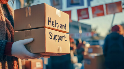Person holding cardboard boxes labeled "Help and Support" during community charity event, symbolizing volunteering, and humanitarian aid