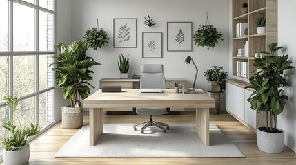 Fototapeta premium A minimalist Scandinavian-inspired office featuring a light wood desk, white walls, potted plants adding a natural element, large windows filling the space with sunlight,