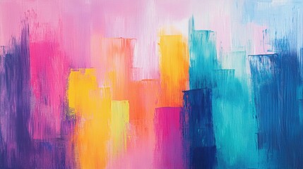 Obraz premium A colorful canvas showcasing energetic brushstrokes forming a lively city skyline, blending pinks, yellows, and blues harmoniously