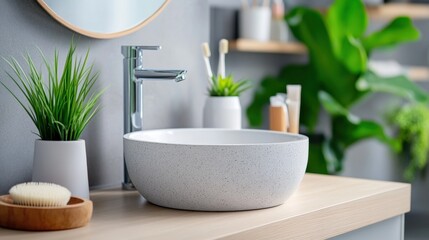 Fototapeta premium Modern Bathroom with Stylish Sink and Greenery
