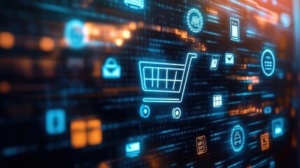 A modern digital backdrop showcasing online shopping elements with a sleek design