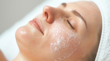 Naklejka premium A woman relaxes while enjoying facial cosmetic treatments designed to enhance her skin's appearance and texture at a tranquil spa
