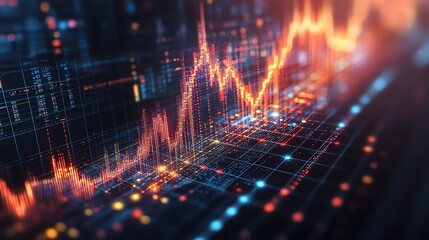 Abstract glowing 3D data visualization with orange and blue lines and dots on a dark background.