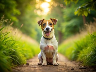 Obraz premium Happy Jack Russell Terrier sitting on a path in the countryside with a green and brown background