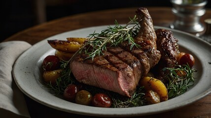 Meat, Steak with Blood, Wine, Black Pepper, Thyme, Rosemary, New Potatoes, Food, Spices, Kitchen Utensils, Wooden Slicing Board, Beef