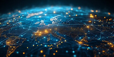 Abstract glowing network and connection lines on a blue planet.