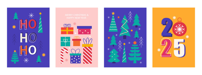 Merry Christmas and Happy New Year poster, greeting card modern set. Colorful geometric vector illustration in flat style. Banner, holiday covers template