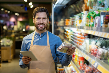 Smiling store employee standing in grocery aisle holding packaged merchandise with tablet in hand. Bright retail environment showcasing various fresh produce items on shelves.