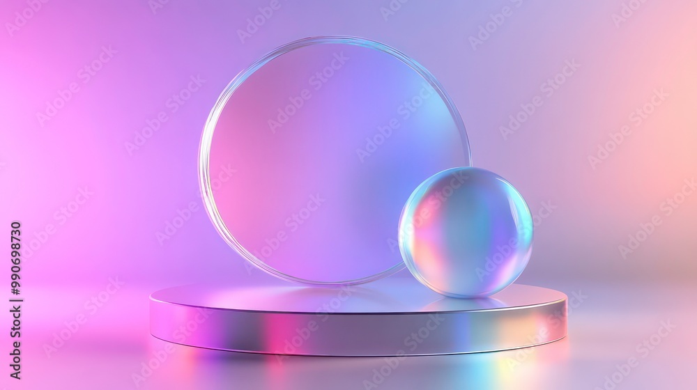 Poster A metallic circular platform with a large, transparent circle and a smaller iridescent sphere on top.