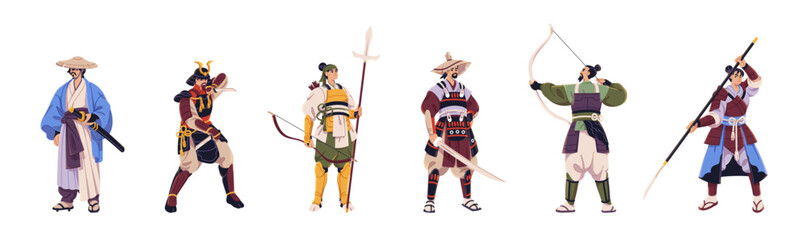 Samurais in armor set. Ancient Japanese warriors with armour. Asian soldiers, ninja in traditional clothes. Oriental fighter with weapon, katana. Flat isolated vector illustrations on white background © Paper Trident