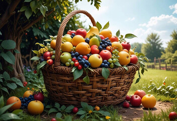 A large basket filled with various colorful fruits, placed in a lush, green orchard with trees around
