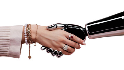 Human hand with jewelry shaking a robotic hand