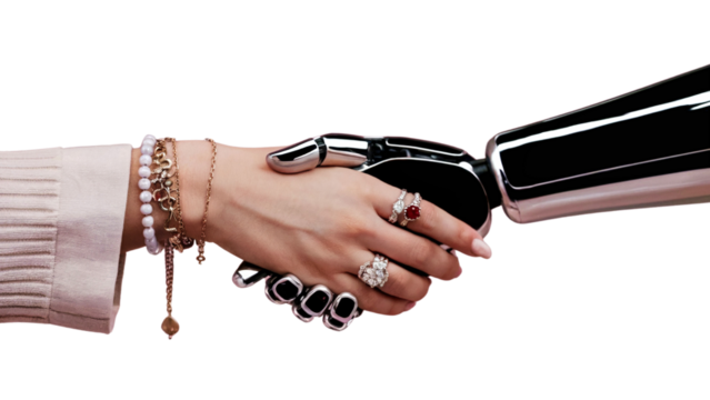 Human hand with jewelry shaking a robotic hand